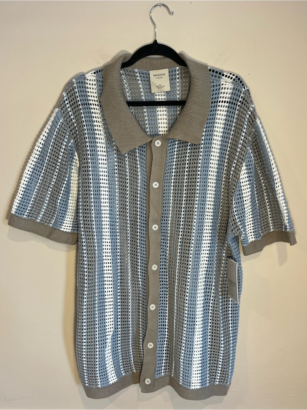 NWT Massive Luxury Knit Crochet Cotton Button-Up Shirt Men's XL Blue Taupe White